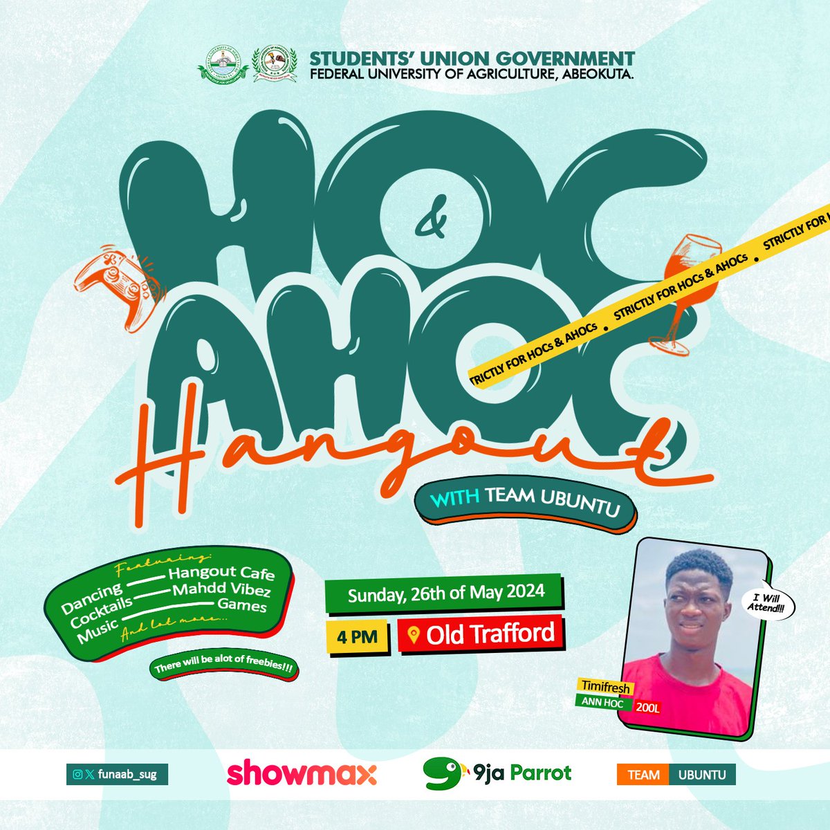 I WILL BE ATTENDING HOC & AHOC HANGOUT ORGANIZED BY TEAM UBUNTU, FUNAAB SUG.
@FUNAAB_SUG WE PULL UP 💚