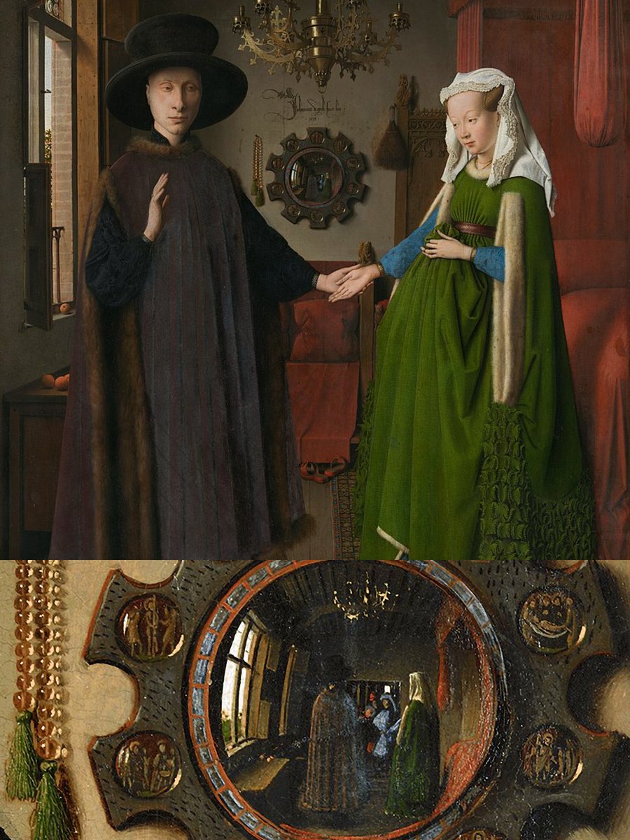 3. This is one of the most extraordinary details in art history. The mirror in Van Eyck's Arnolfini Portrait is just 5.5 centimeters wide, yet still manages to reflect the entire room: the couple, seen from behind, and two other figures, one of whom may be the painter himself.