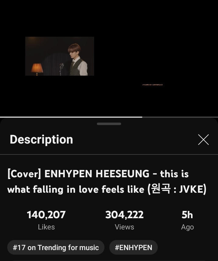 [ 🎙️ ] YOUTUBE 'This is what falling in love feels like' Cover by #HEESEUNG surpassed 304K views with 140K likes and is currently trending #17 in Music Category 🔗 youtu.be/pvOJeST5So8 remember to stream properly !! FALLING IN LOVE WITH HEESEUNG