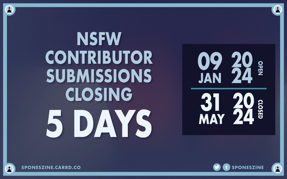 🌌NSFW SUBMISSIONS CLOSE SOON🌌

Contributor submissions for the 18+ edition of We Go Together Zine close in 5 days. 

INFO: sponeszine.carrd.co/#nsfwsubmission 

SUBMIT HERE: forms.gle/dghu2SGuYP3VU4…

#spones #fanzine