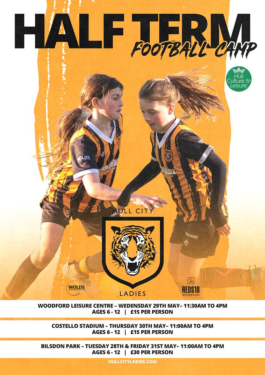 Half Term Football Camps next week! 🐯 - Wednesday 29th May - Woodford Leisure Centre - Thursday 30th May - Costello Stadium - Tuesday 28th & Friday 31st May - Bilsdon Park Book now: eventbrite.co.uk/o/hull-city-la… #HearUsRoar 🧡