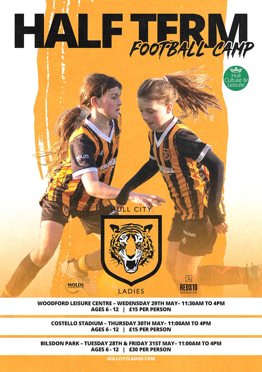 Half Term Football Camps next week! 🐯

- Wednesday 29th May - Woodford Leisure Centre
- Thursday 30th May - Costello Stadium
- Tuesday 28th & Friday 31st May - Bilsdon Park

Book now: eventbrite.co.uk/o/hull-city-la…  

#HearUsRoar 🧡