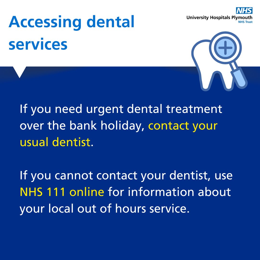 If you need urgent dental treatment over the bank holiday, contact your usual dentist. If you cannot contact your dentist, use NHS 111 online for information about your local out of hours service. ➡️ 111.nhs.uk