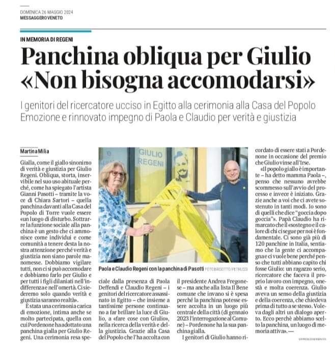 Panchina obliqua per Giulio a Pordenone. 'Non bisogna accomodarsi' Via @messveneto #Regeni #veritaegiustiziaperGiulio