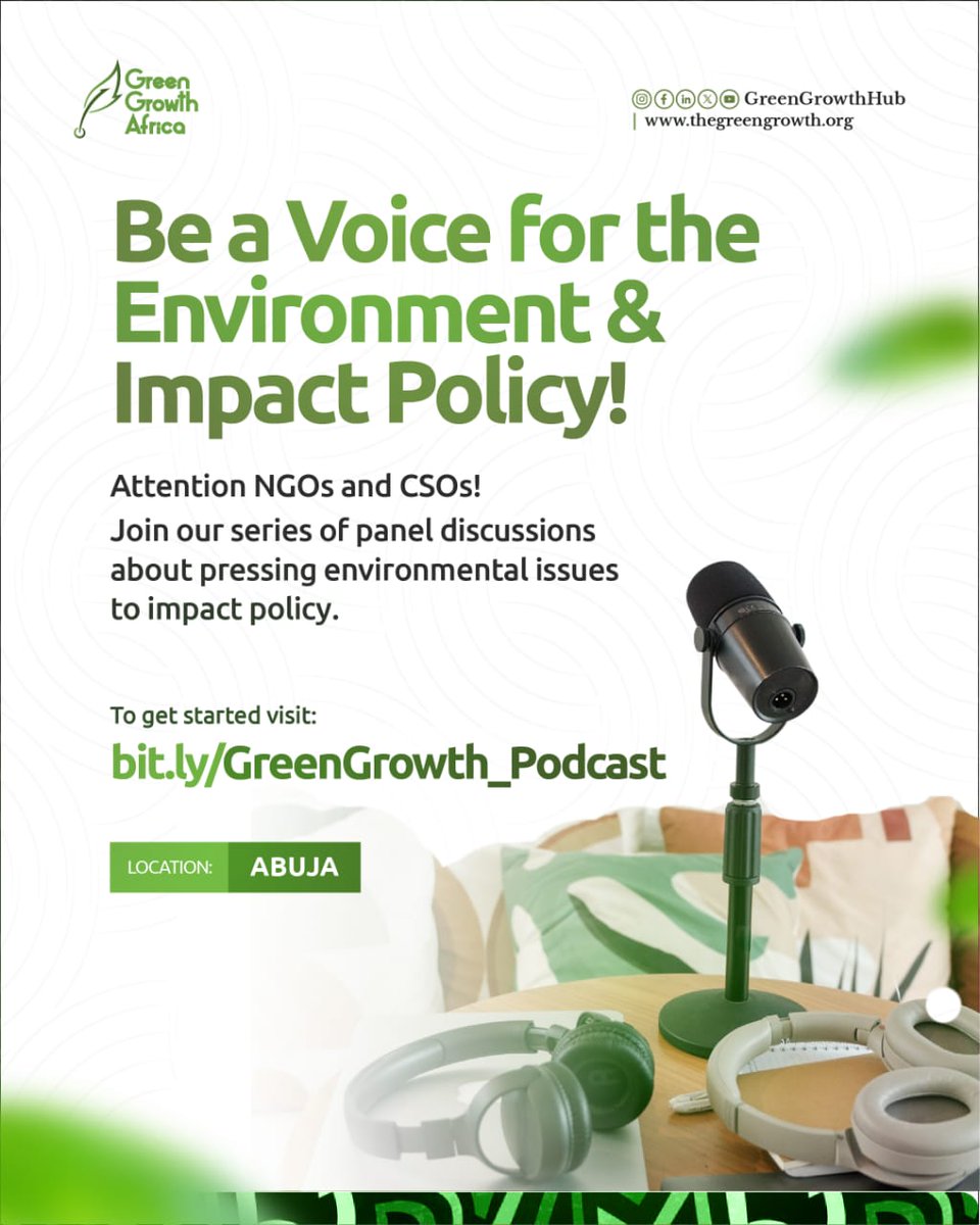 Join the conversation for a #GreenerAfrica!

Green Growth Africa is hosting panel discussions and interview series on #Environmental and #GreenGrowth subjects!

Share your work, attract opportunities and impact policy by featuring on our podcasts/TV programme. 
#GreenGrowthAfrica