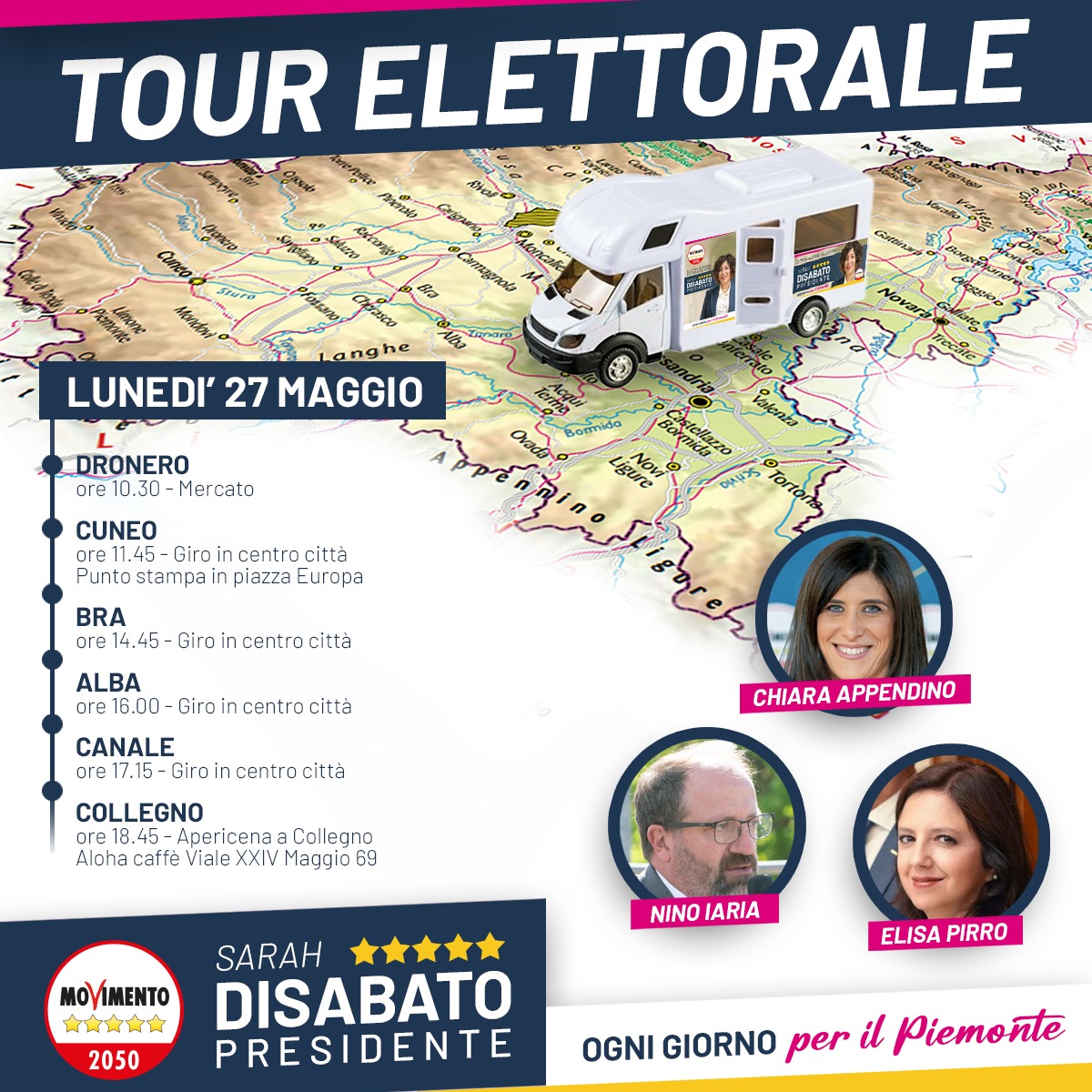 Domani parte il tour in camper a sostegno di @sarah_disabato alla Presidenza del Piemonte. Insieme a @AntoninoIaria5 e @pirroelisa gireremo tutte le province della regione per portare il messaggio del Movimento 5 Stelle nelle piazze e confrontarci con chiunque lo voglia😊