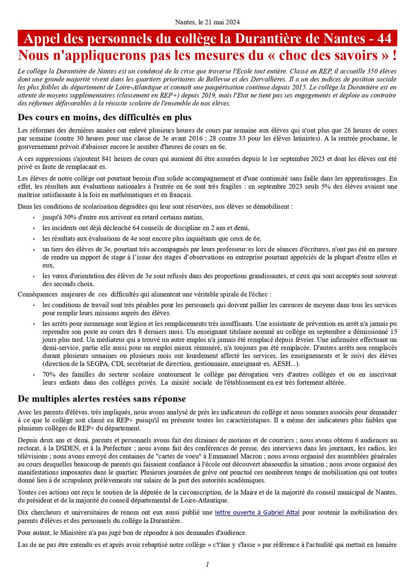 sylvain_marange's tweet photo. Les personnels du collège la Durantière de Nantes n'appliqueront pas le « choc des savoirs ».

Petit thread en 4 résolutions :

1. Ils n'iront pas aux réunions et formations « choc des savoirs ». APPEL + DÉPÊCHE AFP ⤵️

#NonAuChocDesSavoirs
#CollegeLaDurantiereEnRepPlus https://t.co/LBEpCP3Xac