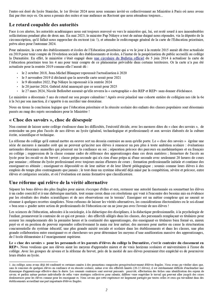 sylvain_marange's tweet photo. Les personnels du collège la Durantière de Nantes n'appliqueront pas le « choc des savoirs ».

Petit thread en 4 résolutions :

1. Ils n'iront pas aux réunions et formations « choc des savoirs ». APPEL + DÉPÊCHE AFP ⤵️

#NonAuChocDesSavoirs
#CollegeLaDurantiereEnRepPlus https://t.co/LBEpCP3Xac