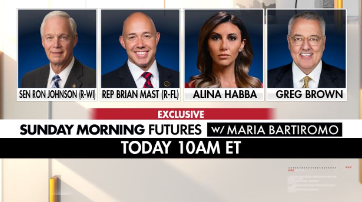 This morning on @SundayFutures, join @SeanDuffyWI for live exclusive interviews featuring: ▶️@SenRonJohnson ➡️@AlinaHabba ➡️@RepBrianMast Plus, @MariaBartiromo has an exclusive interview with Motorola Solutions Chairman & CEO Greg Brown. Today, 10am ET @FoxNews