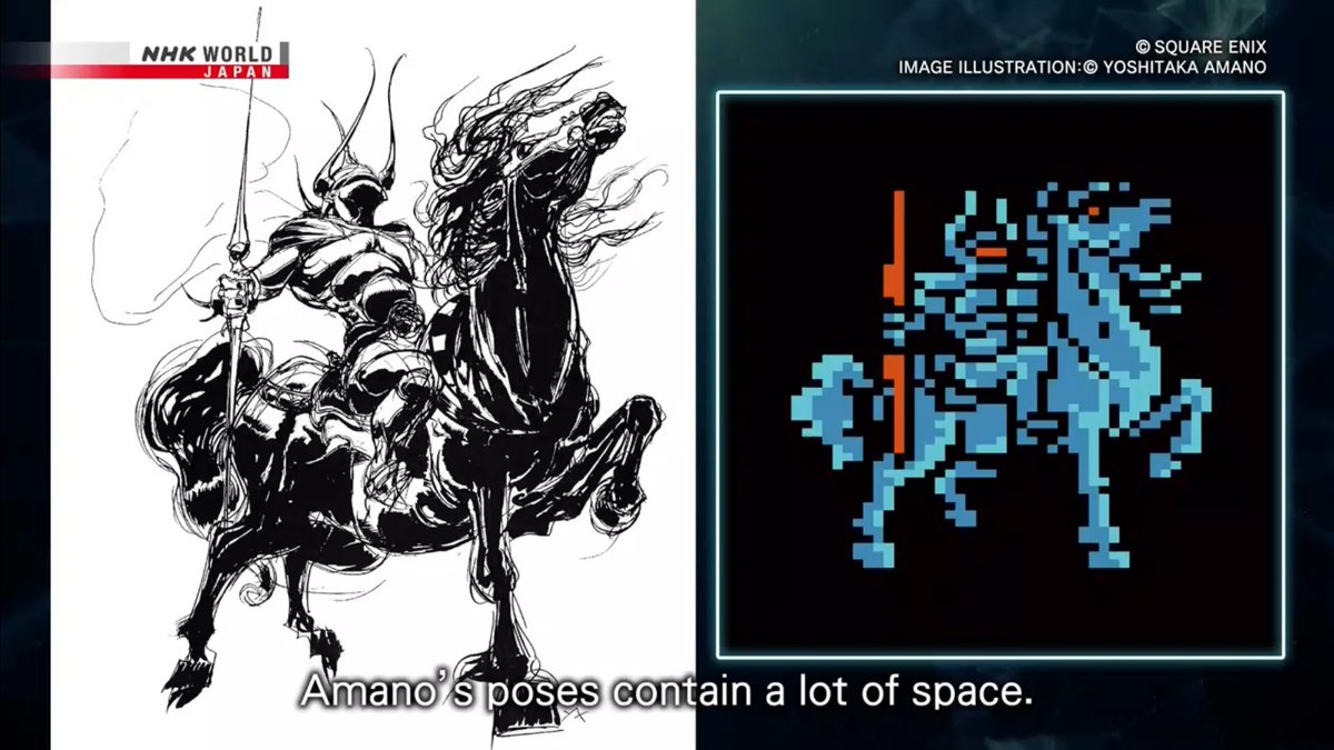 Kazuko Shibuya (@Skazuko) translated Yoshitaka Amano’s art into pixels for the early Final Fantasy games! For the small monsters they used 3 colors and for the Boss type monsters they used 5 colors and she tried her best to keep Amano’s image in the pixel art!