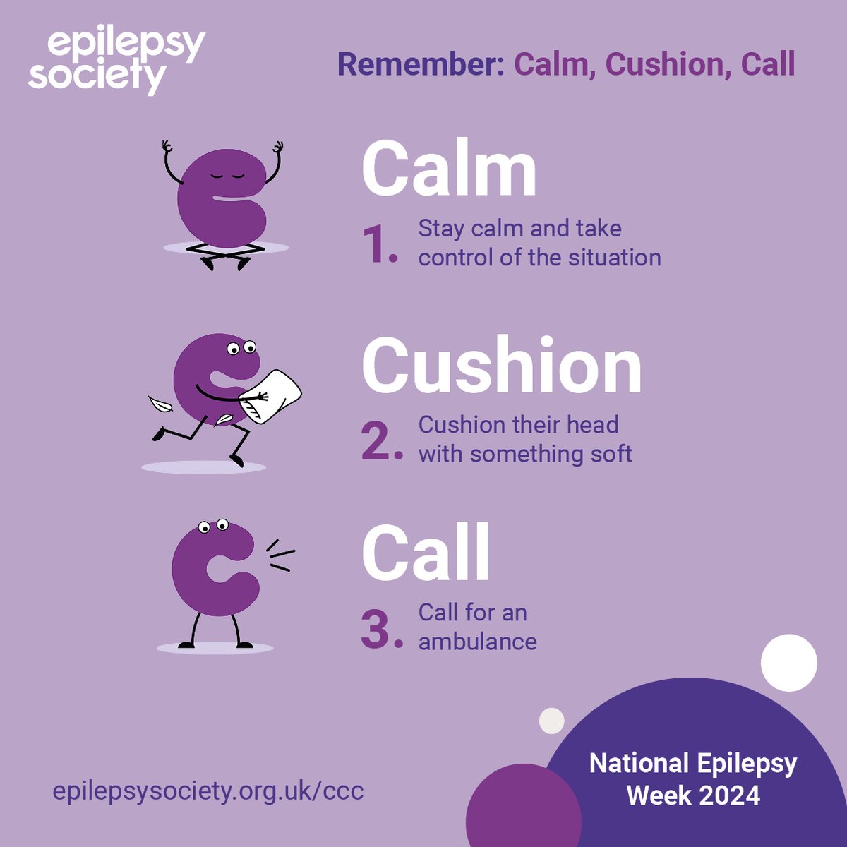 💜 #NationalEpilepsyWeek finishes today and @epilepsysociety are highlighting the three most important words to remember for seizure first aid - “Calm, Cushion, Call”. #NationalEpilepsyWeek2024