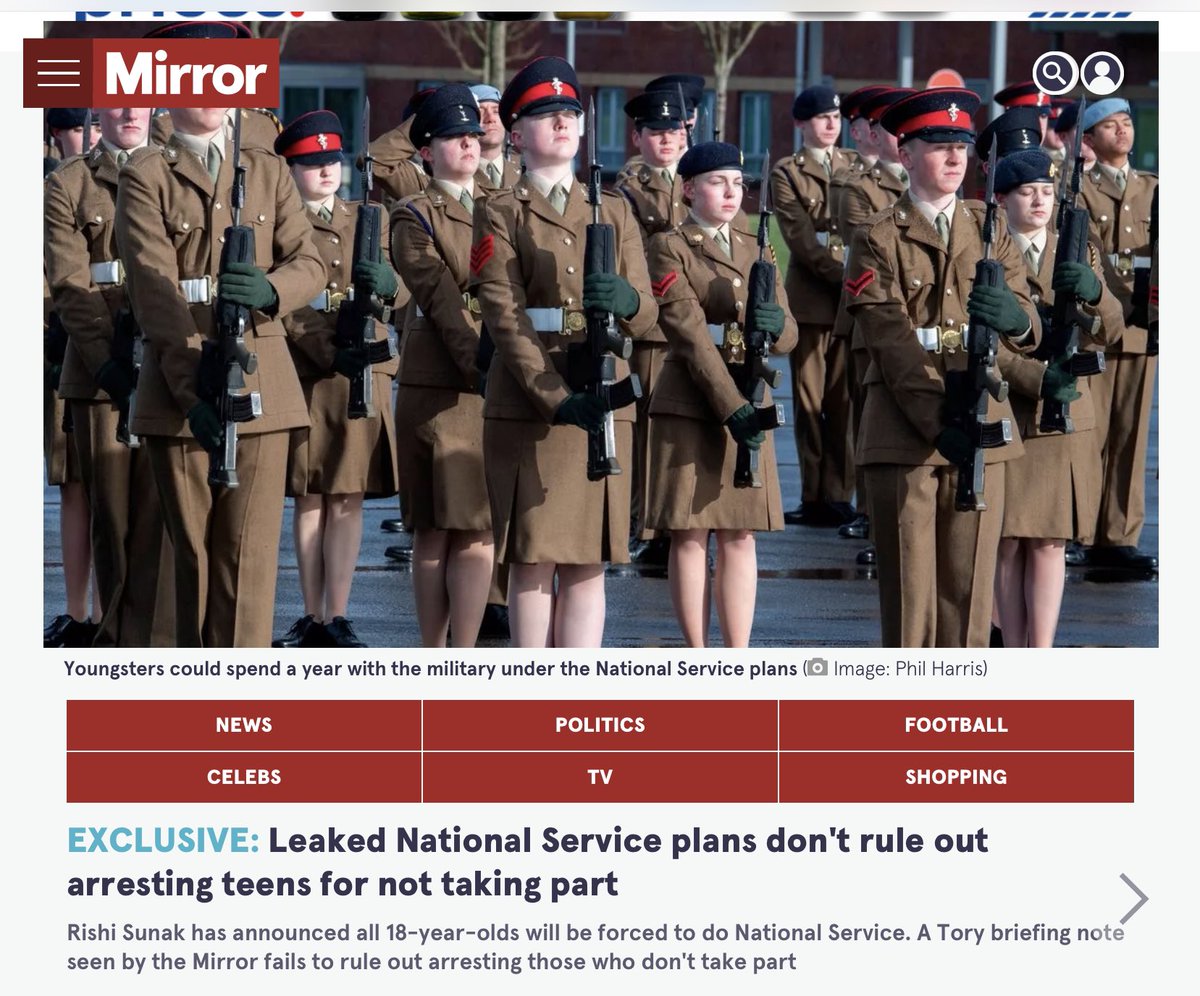 I now 100% suspect the Tories are DELIBERATELY handing the baton over to Labour. ‘Tory plans to bring back mandatory national service are in chaos after a leaked briefing paper suggested young people COULD BE ARRESTED for not taking part.’ mirror.co.uk/news/politics/…