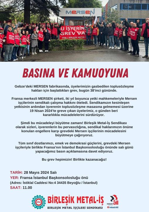 Salı günü Fransa Başkonsolosluğu önündeyiz! #YaşasınMersenGrevimiz #BuGrevHepimizin #BirlikteKazanacağız