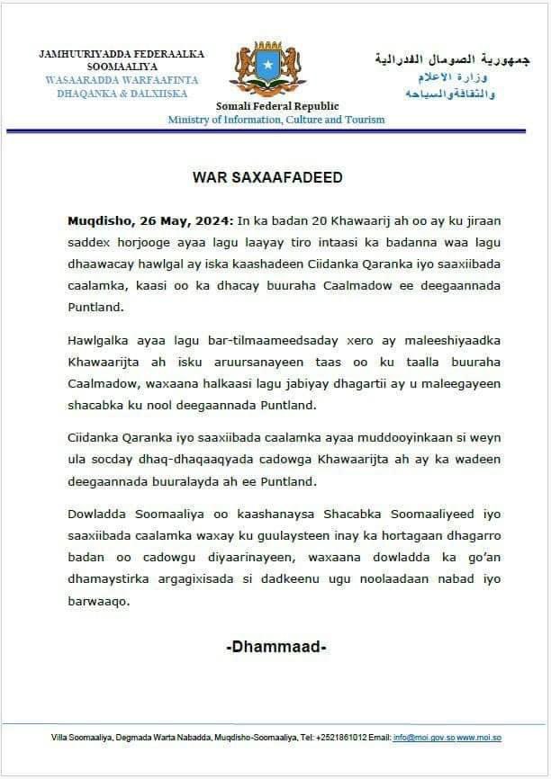 Puntlandmirror's tweet photo. UPDATE: At least 20 Al-Shabab fighters were killed in an airstrike in the mountainous area of #Almadow in #Puntland, according to a statement from the Somalia Ministry of Information on Sunday.
Three high-ranking militants were among those killed in the attack conducted by Somalia's partner, whose name was not mentioned by the ministry.