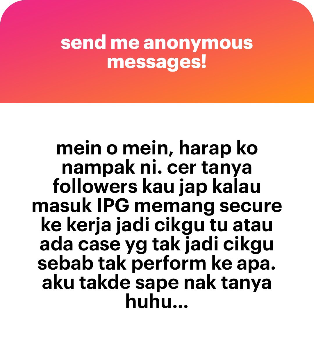 Ada geng cikgu boleh jawab? Tapi ni nasihat untuk adik adik yg dapat result spm esok, boleh la consider career as cikgu. Masuk IPG. Belajar pun dapat elaun bulan lagi. Takyah pening2 bayar ptptn.