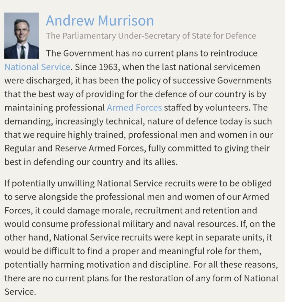 This was the Conservative Government’s position on reintroducing National Service ……. way back 3 DAYS AGO.