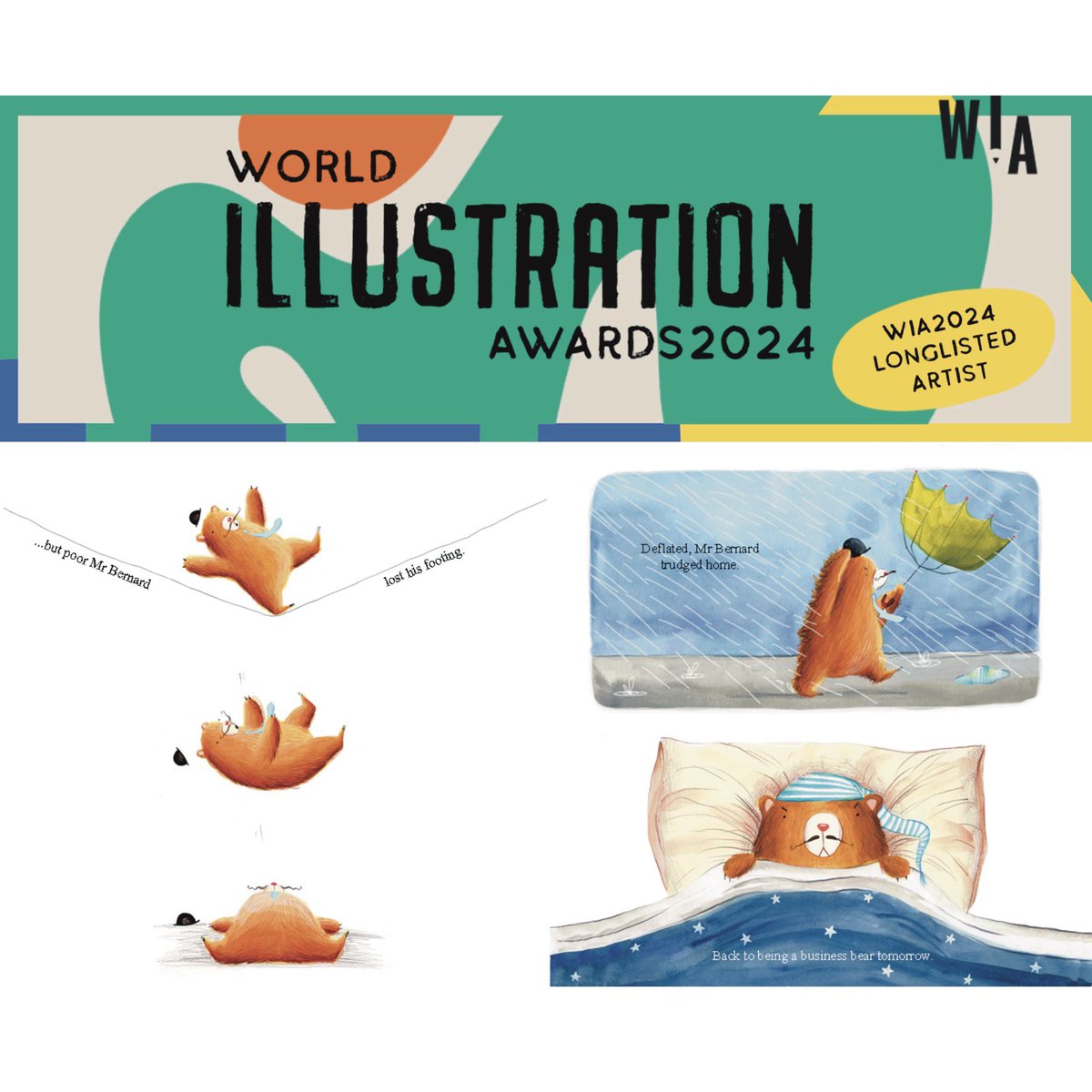 I’m really excited to share that my picture book project, ‘Mr Bernard the Business Bear’ has been longlisted for the World Illustration Awards 2024! I’m so delighted, thank you so much to the judges for choosing my project! #worldillustrationawards #WIA2024