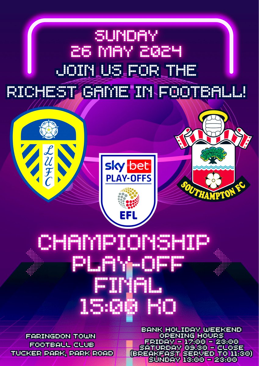 THE RICHEST GAME IN FOOTBALL!!! Live at FTFC, come and join us watch @LUFC & @SouthamptonFC chase the @premierleague dream…. Enjoy your Bank Holiday Sunday with us and see who can make it to the promised land! We are open from 13:00, kick off at 15:00