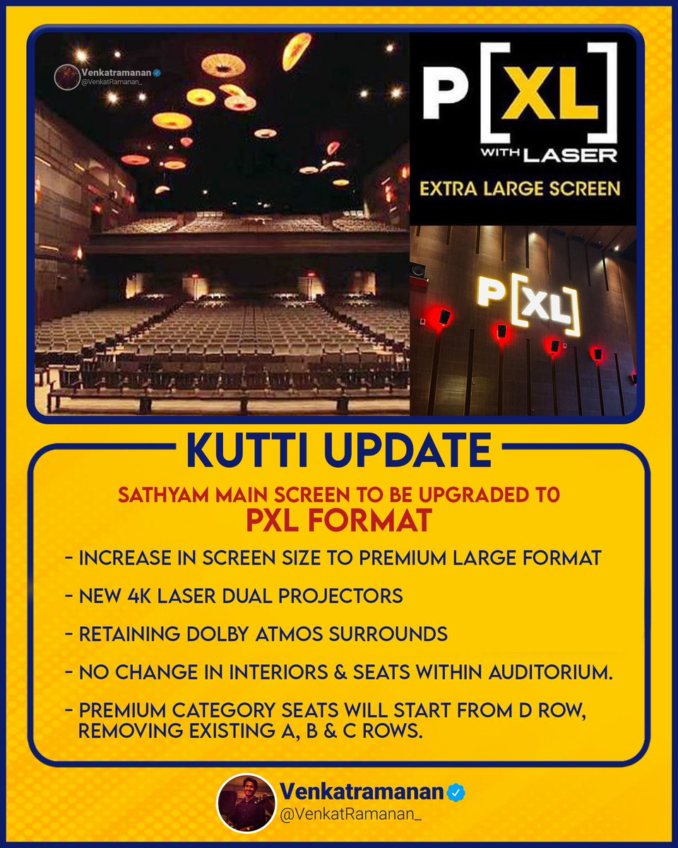 TODAY’s #KuttiUpdate : SATHYAM MAIN SCREEN TO BE UPGRADED TO PXL FORMAT 🏆 - Increase in screen size to Premium Large Format - ⁠New 4K Laser Dual Projectors - ⁠Retaining Dolby Atmos surrounds - ⁠No change in interiors & seats within auditorium. - ⁠Premium category seats