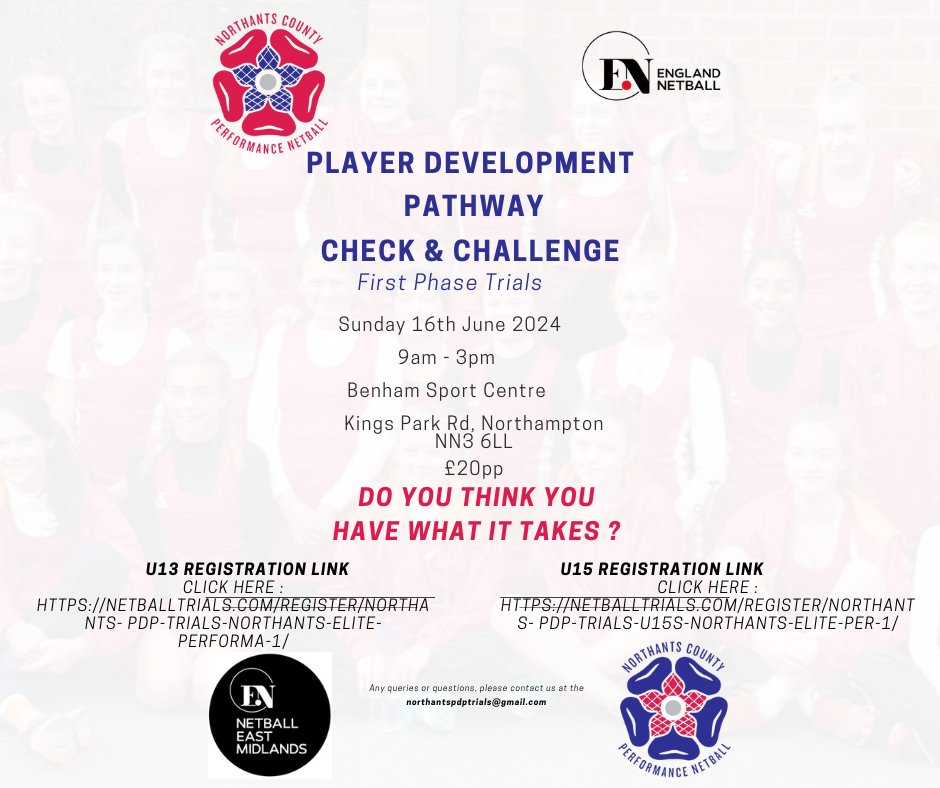 First Phase Netball Trials Benham Sports Centre are hosting Player Development Pathway Trials on Sunday 16th June from 9-3. Sign up via the links below.