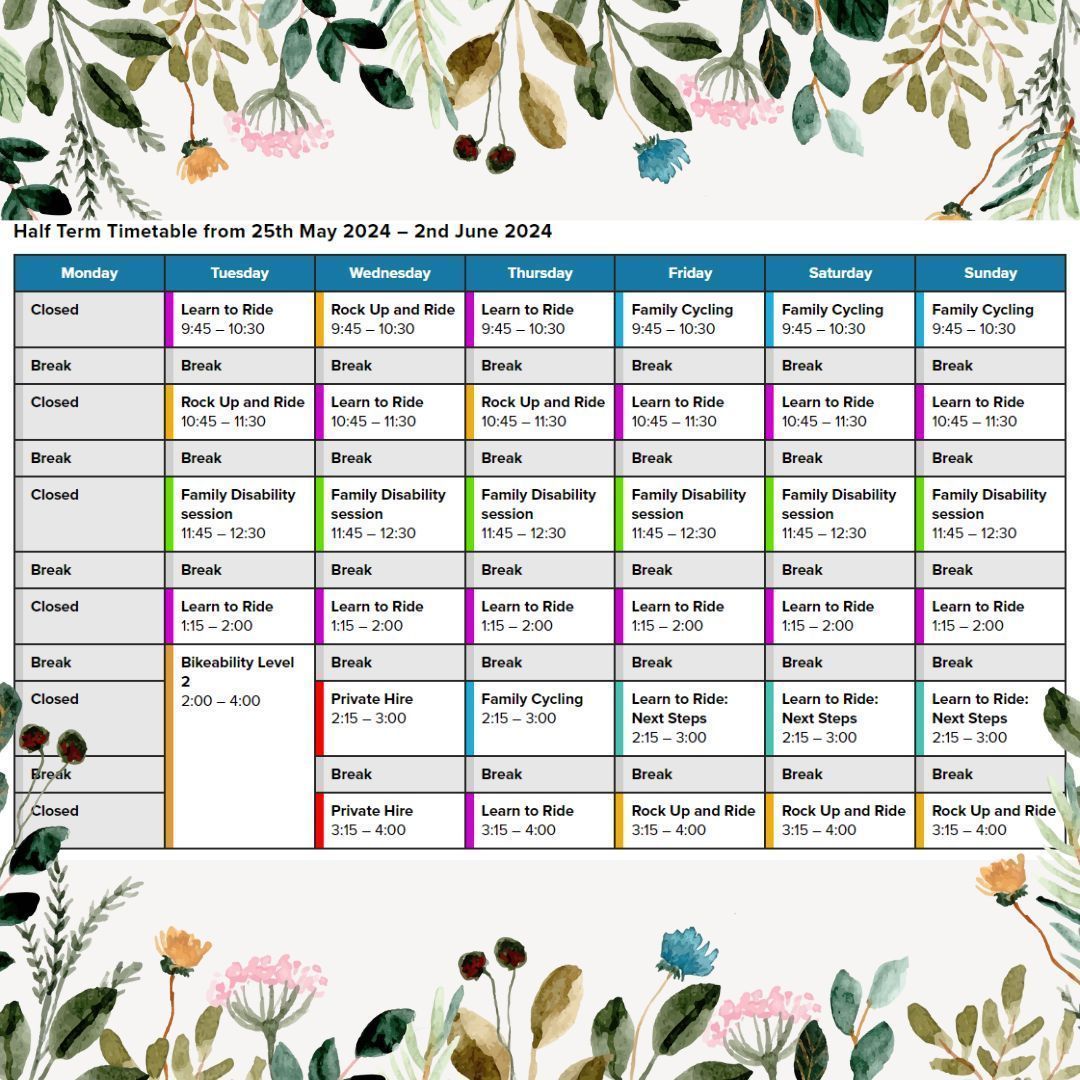 BrisCycleCentre's tweet photo. 📅🚴‍♂️ Half term is here! Check out our exciting timetable and join in on the fun! We can't wait to see you on our track! 🚲
 #HalfTerm #CyclingFun #BristolCycling https://t.co/0caltslzJD