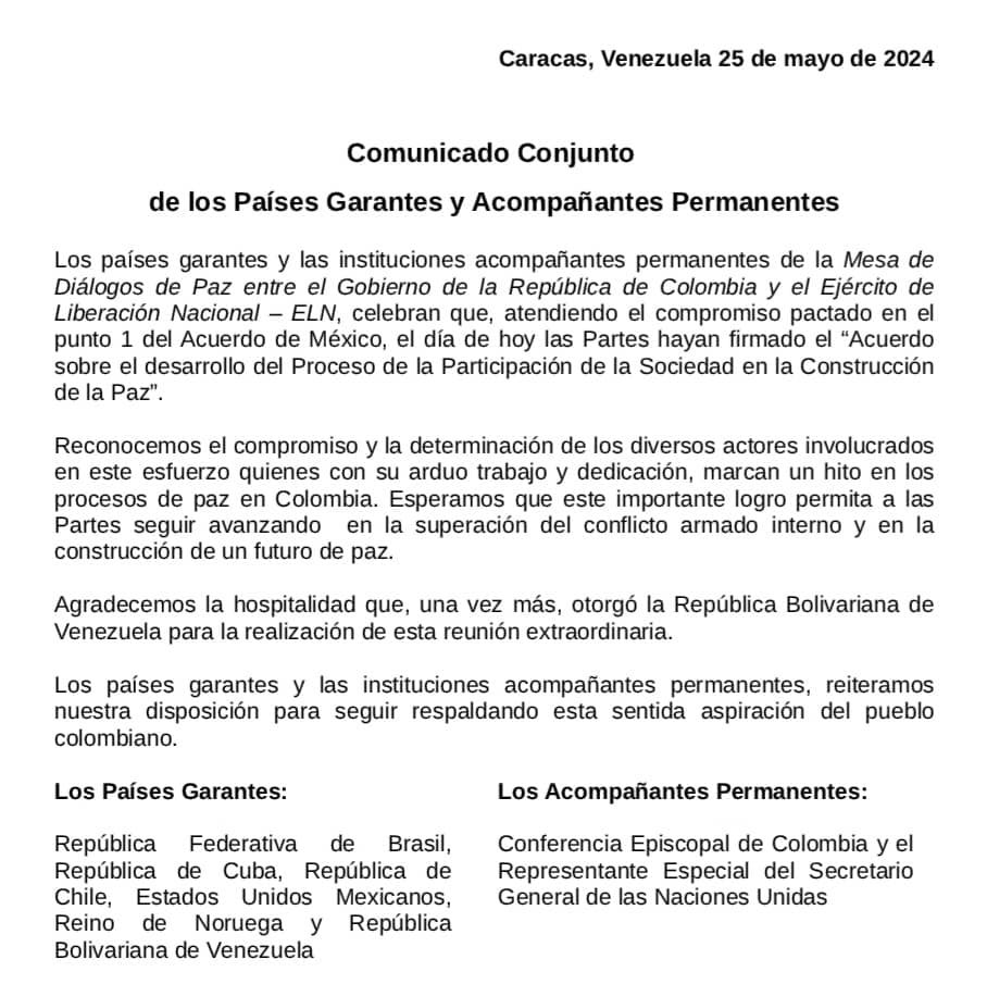 Como país garante en el proceso de paz entre el Gobierno colombiano y el ELN, celebramos que las partes hayan firmado el acuerdo para el desarrollo del proceso de la participación, atendiendo el compromiso pactado en el primer punto en el Acuerdo de México. Comunicado completo ⬇️