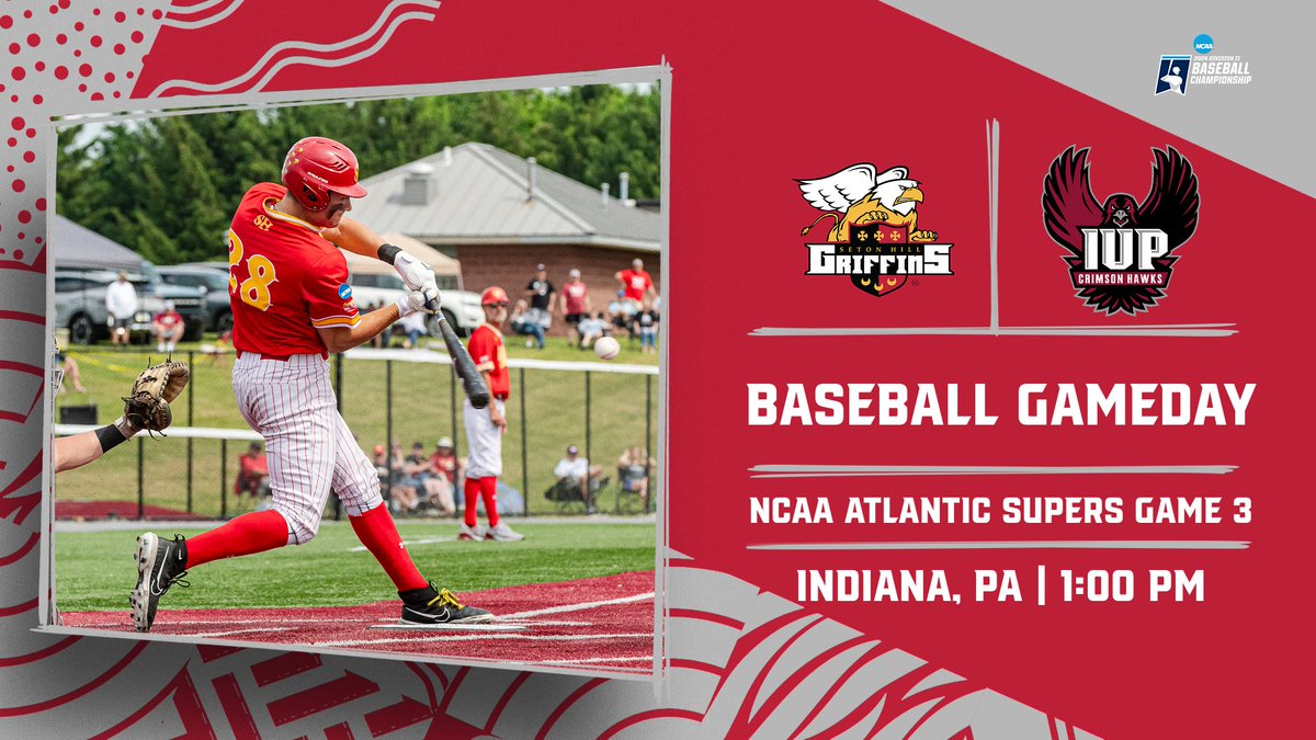 GriffinsSports's tweet photo. BB: Seton Hill and IUP meet in a winner take all Atlantic Super Regional game 3 with the winner moving on to Cary and the D2 Baseball Championships.  First pitch of game three is set for 1 PM in Indiana.
Live stats: https://t.co/koAw9my1JU.
Live video: https://t.co/AdDA2kQCwR https://t.co/dJHts36Qzu