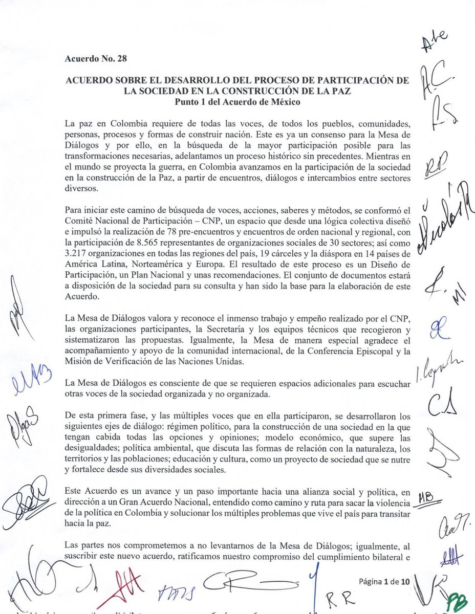 Celebro el acuerdo histórico sobre el punto 1 de la agenda de los Diálogos de Paz. Confío en que en el desarrollo del proceso de participación las partes seguirán escuchando la diversidad de voces del país. Solo una paz construida desde la sociedad será sostenible y duradera. 🧵