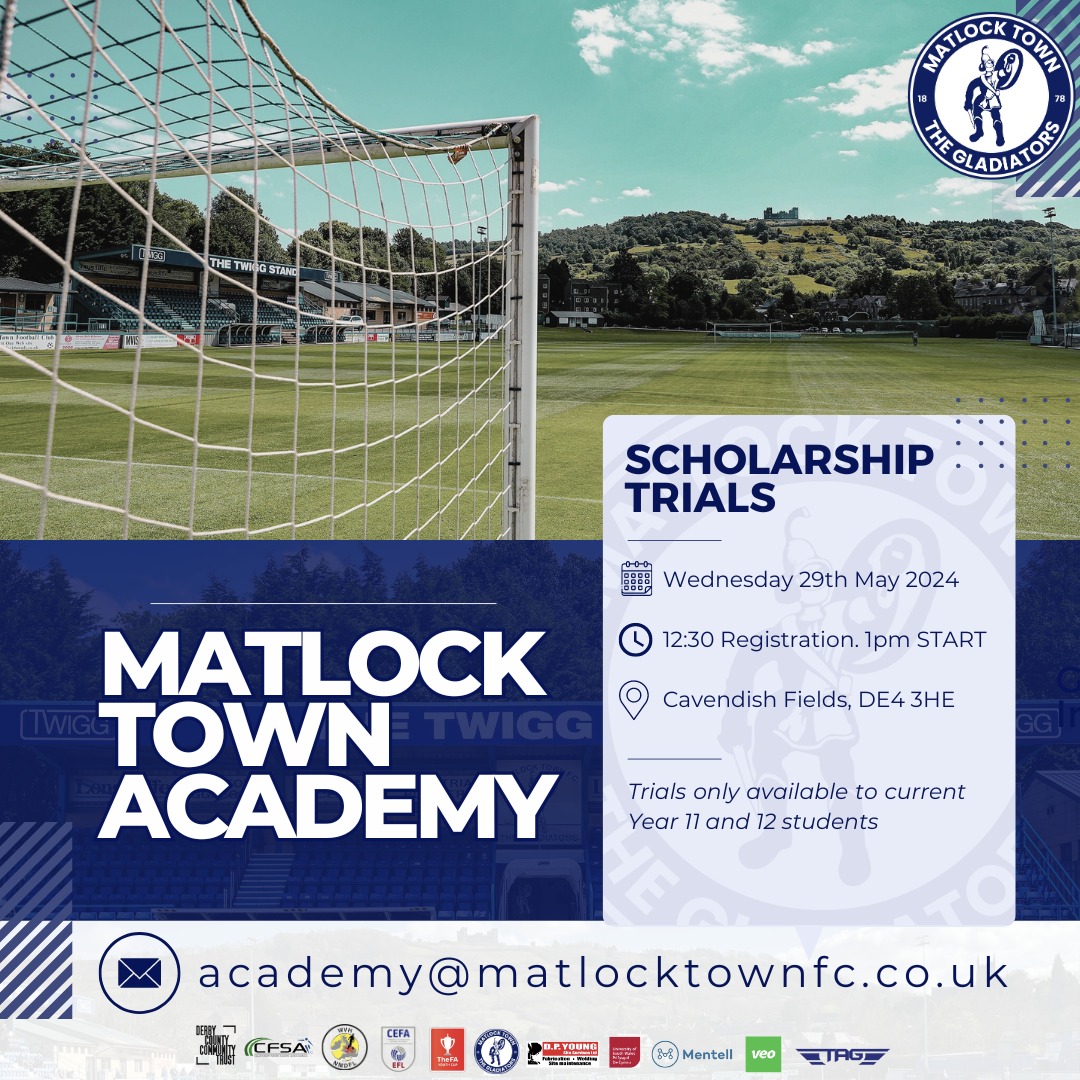 Matlock_TownFC's tweet photo. We are pleased to announce our final trial date for the Matlock Town Academy intake for 2024/25. 

Are you passionate about football?

Have you always wanted to live as a full-time footballer?

Have you got what it takes to represent the Gladiators in the FA Youth Cup?

Sign up today to avoid disappointment: https://t.co/UkbtLnLqrQ

#GladsAllOver