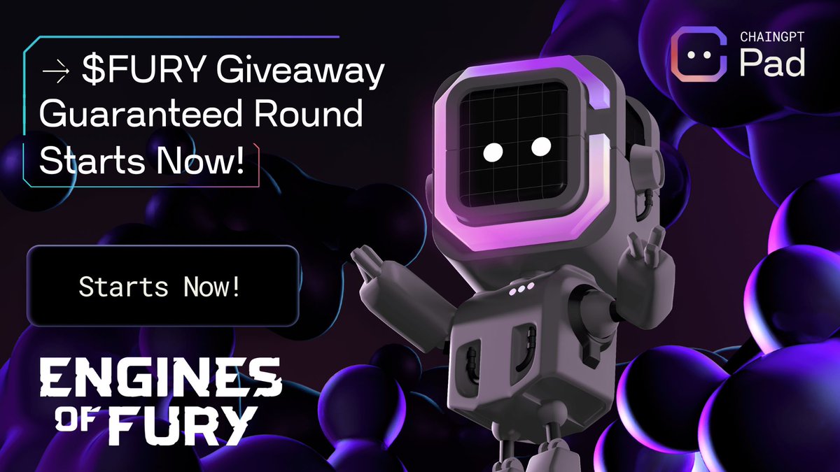 📣 Buckle up - @EnginesOfFury $FURY Giveaway starts now!

The Guaranteed round for $FURY Giveaway is officially open and will end later today, at 8 PM UTC

💸 Total Tokens: 92,592 
🪙 Token: $FURY

Join now 🚀 pad.chaingpt.org/buy-token/94