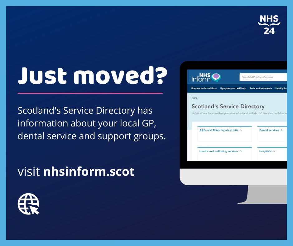 Moved house and unsure what your local health services are? 🏥🩺💊🦷 Check out Scotland's Service Directory, which has information on health and wellbeing services in your area. 💻NHS inform - nhs24.info/ServiceDirecto… 📱NHS 24 Online app - nhs24.info/NHS-24-Online