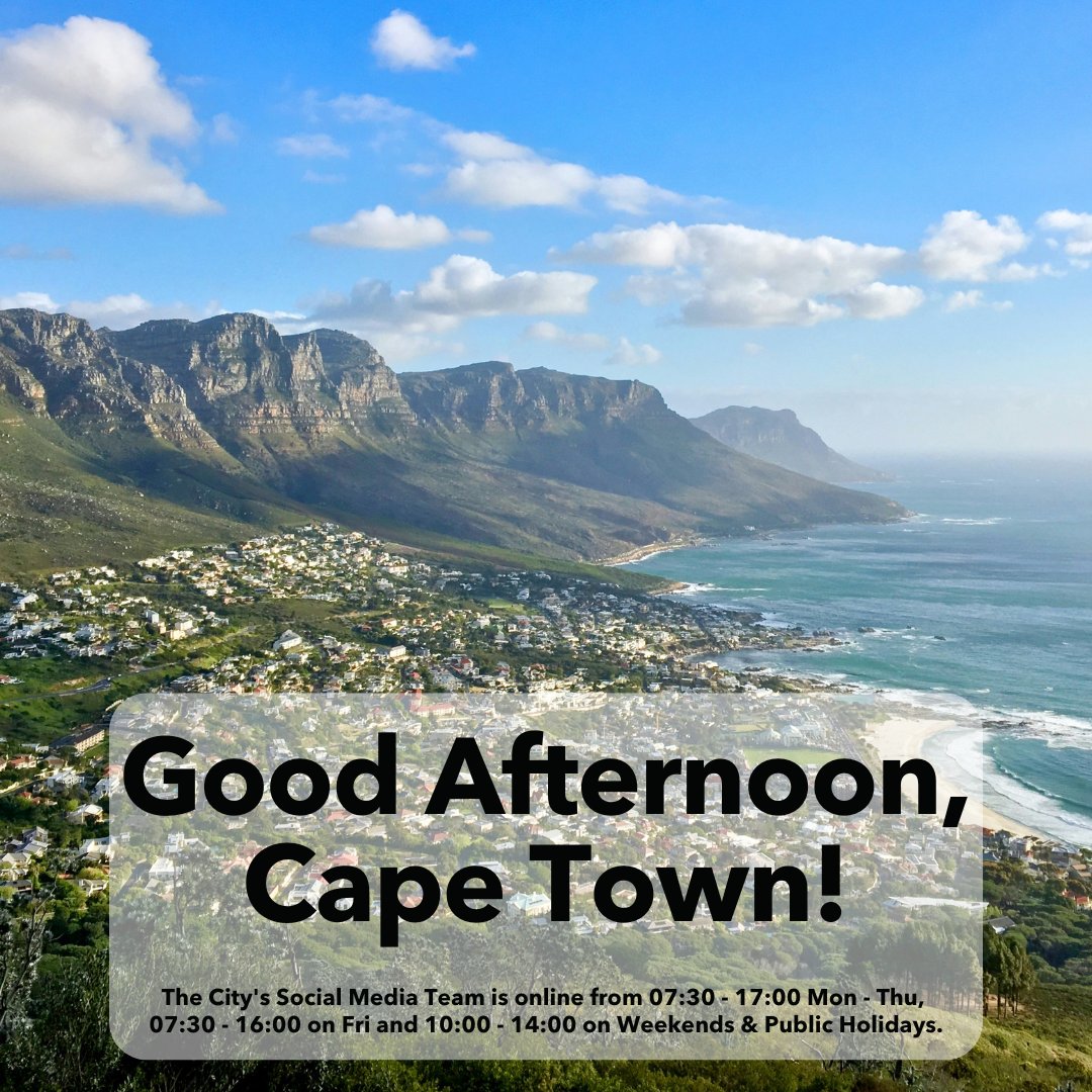 Good afternoon Cape Town! Our team will return tomorrow. If you need anything, call us on 0860 103 089 or download the City's App: 🍎 apple.co/3pZAkth 🤖 bit.ly/3pMGltv For emergencies, call 021 480 7700 from a cellphone or 107 from a landline. #OneCityTogether