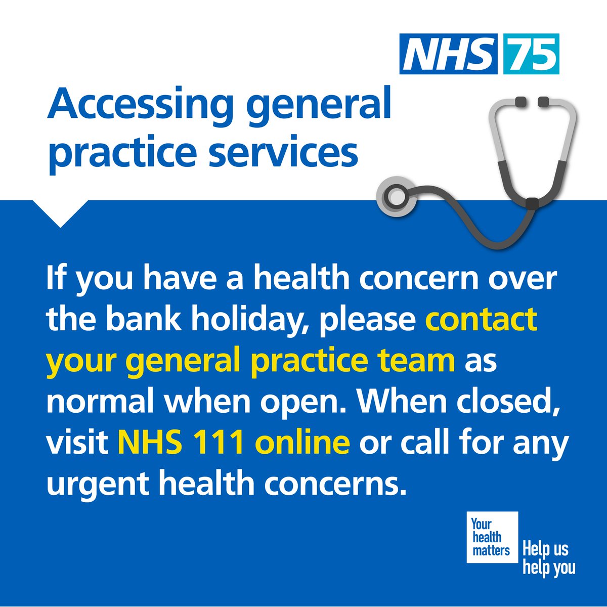 Some GP services will be available over the bank holiday weekend. If you have a health concern, contact your GP practice or use NHS 111 online for urgent medical help. ➡️ 111.nhs.uk