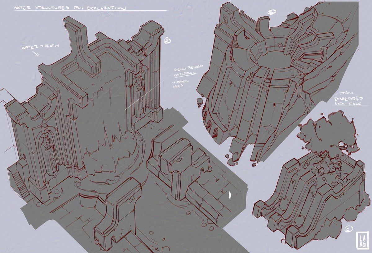 Exploring water structures ENV concept art. images protected with glaze and nightshade #conceptart #waterfall #sketches #illustration #painting #fantasyart #gameart #artistsupport