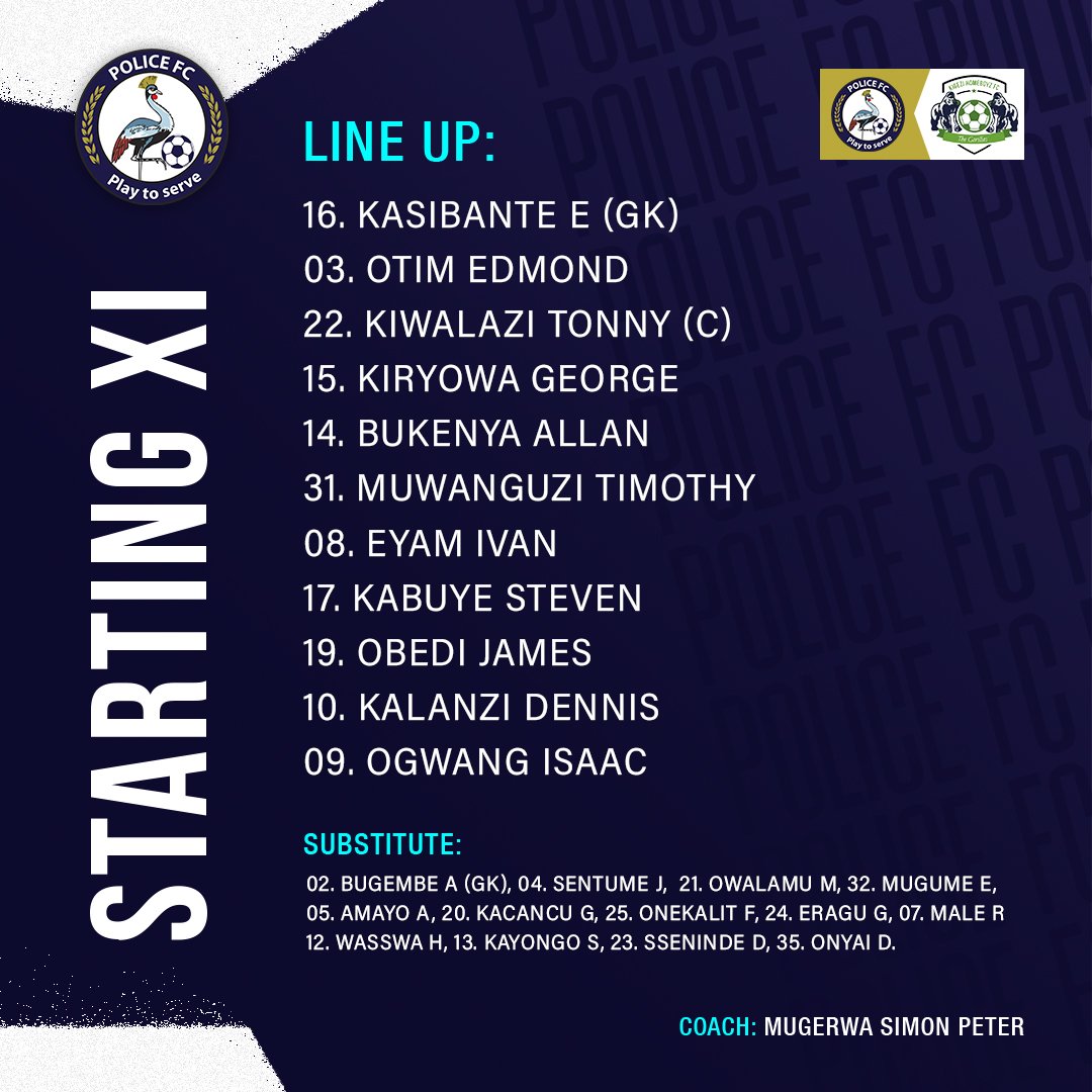 UgPoliceFC's tweet image. #TeamLineUp: Kiwalazi to captain the lads in our final assignment at home, Ogwang in to lead the attacking line. Our starting X1 to play Kigezi HomeBoyz.

#WeAreCops || #PlayToServe