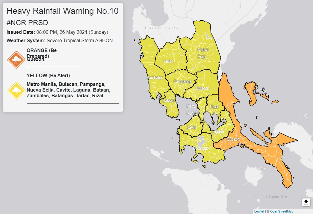 dost_pagasa's tweet photo. Heavy Rainfall Warning No. 10 #NCR_PRSD
Weather System: Severe Tropical Storm AGHON
Issued at: 8:00 PM, 26 May 2024(Sunday)

ORANGE WARNING LEVEL: Quezon.
ASSOCIATED HAZARD: FLOODING is THREATENING.

YELLOW WARNING LEVEL: Metro Manila, Bulacan, Pampanga, Nueva Ecija, Cavite, Laguna, Bataan, Zambales, Batangas, Tarlac and Rizal.
ASSOCIATED HAZARD: Possible FLOODING in flood-prone areas.
The public and the Disaster Risk Reduction and Management Offices concerned are advised to MONITOR the weather condition and watch for the next warning to be issued at 11:00 PM today.
For more information and queries, please call telephone numbers 8927-1335 and 8927-2877 or log on to https://t.co/59mTpZJq1n.