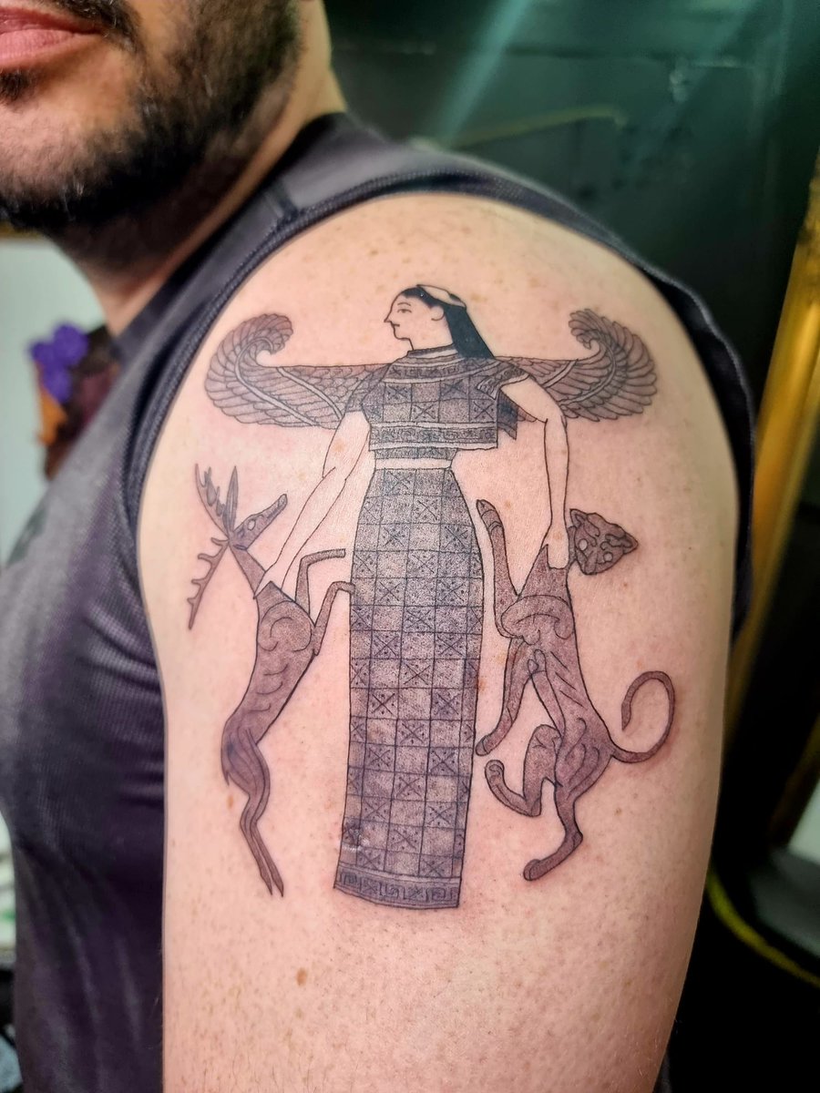 A year ago today I got a new tattoo. Potnia Theron/Artemis as depicted on the Francois Vase. Had been thinking about it for several years and very glad I did. 
#tattoo #potniatheron #artemis #greekmyth #brighton