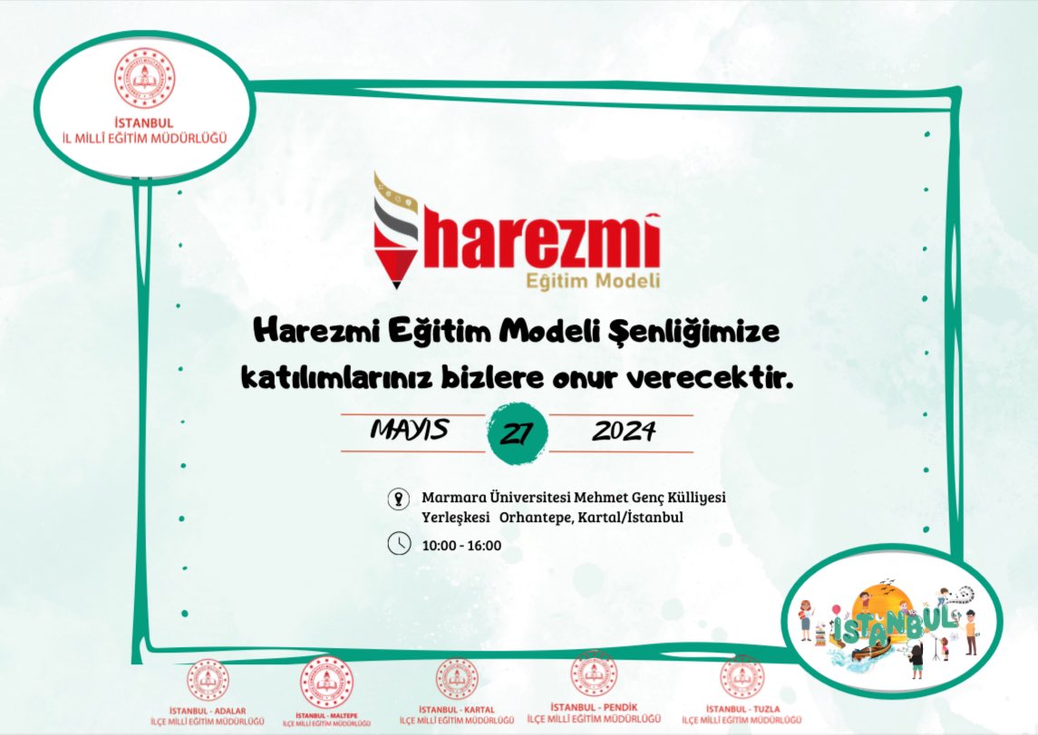 İstanbul İl Milli Eğitim Müdürlüğü koordinesi ile Adalar, Kartal, Maltepe, Pendik, Tuzla ilçelerinin işbirliği ile düzenlenen Harezmi Eğitim Modeli yıl sonu şenliğimize teşriflerinizden onur duyarız.@tcmeb@Yusuf__Tekin
<a href="/farukyelkenci/">Ömer Faruk Yelkenci</a>
<a href="/istanbulilmem/">İstanbul İl Millî Eğitim Müdürlüğü</a> <a href="/MucahitYentur/">Murat Mücahit Yentür</a>