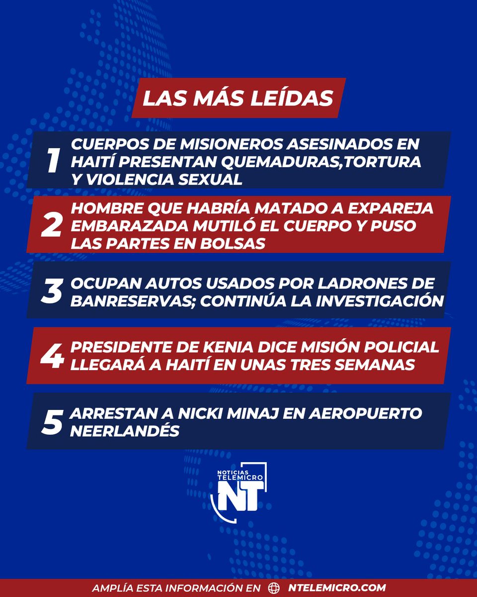 Titulares de las noticias más relevantes en las últimas 24 horas de #NTelemicro.

#Domingo #Telemicro #Titulares #Noticias #Informaciones #LoÚltimo #NT5FindeSemana #NTelemicro5
