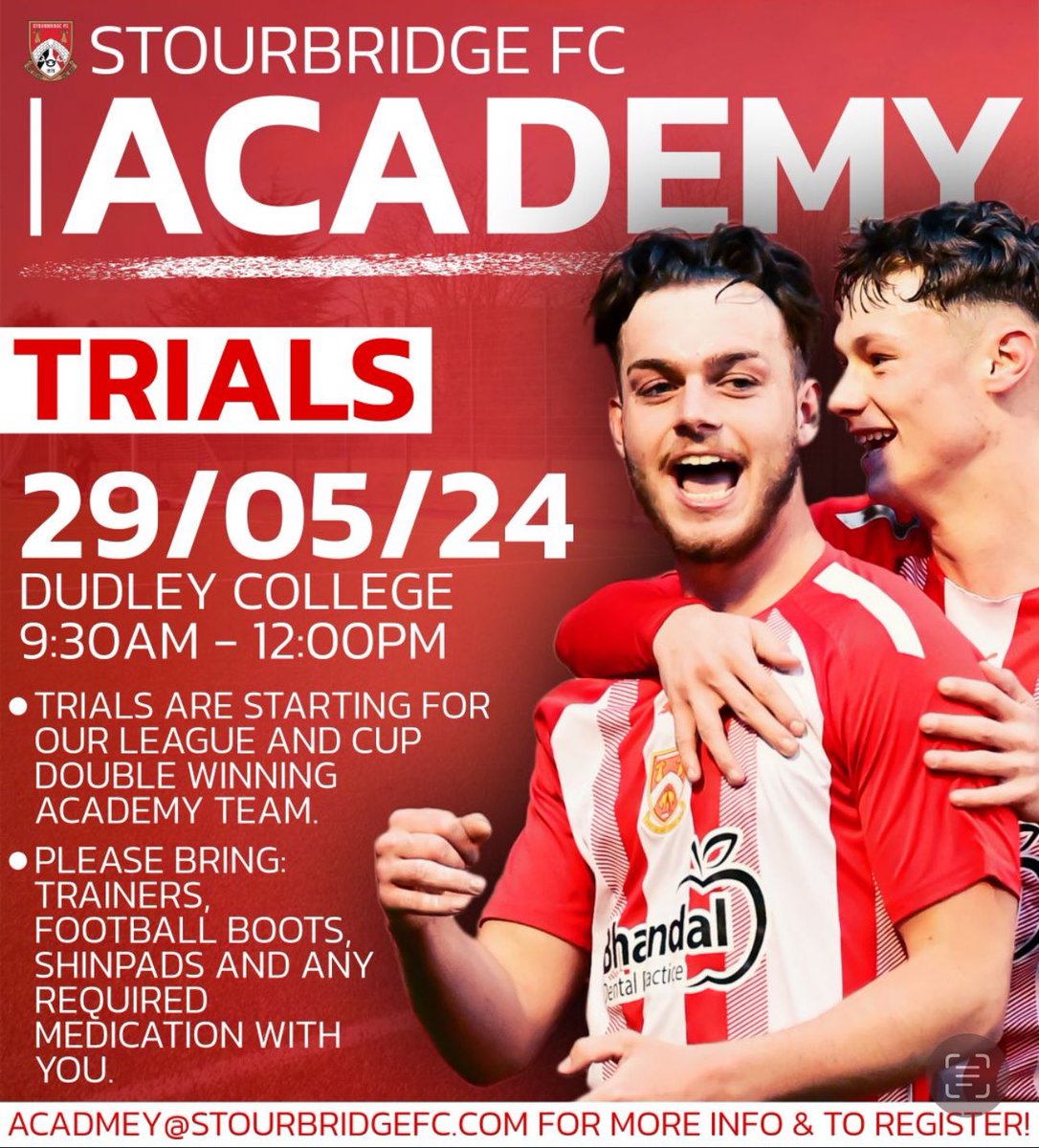 Our final men’s academy trials for next year are this Wednesday at @Dudley_College 🙌🏻 Don’t miss out on your opportunity to study whilst playing for our double winning side 🔴⚪️