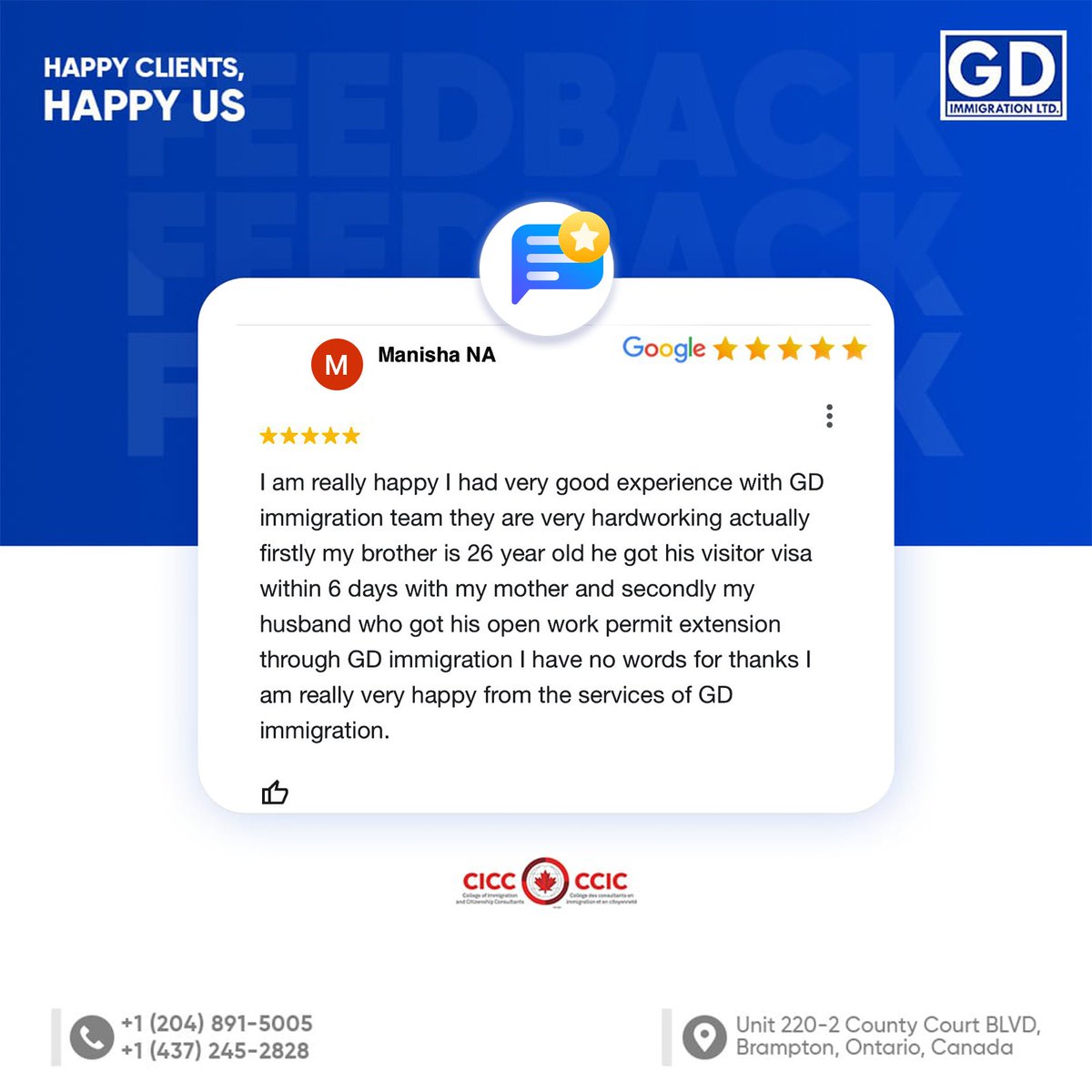 Manisha shares her fantastic experience with GD Immigration. 🎉 Our team helped her family, and her husband successfully received his open work permit extension. Thank you, Manisha.

#GDImmigration #Canada #GoogleReview #CanadaSuperVisa #Visa #exploreCanada #VisaApproval