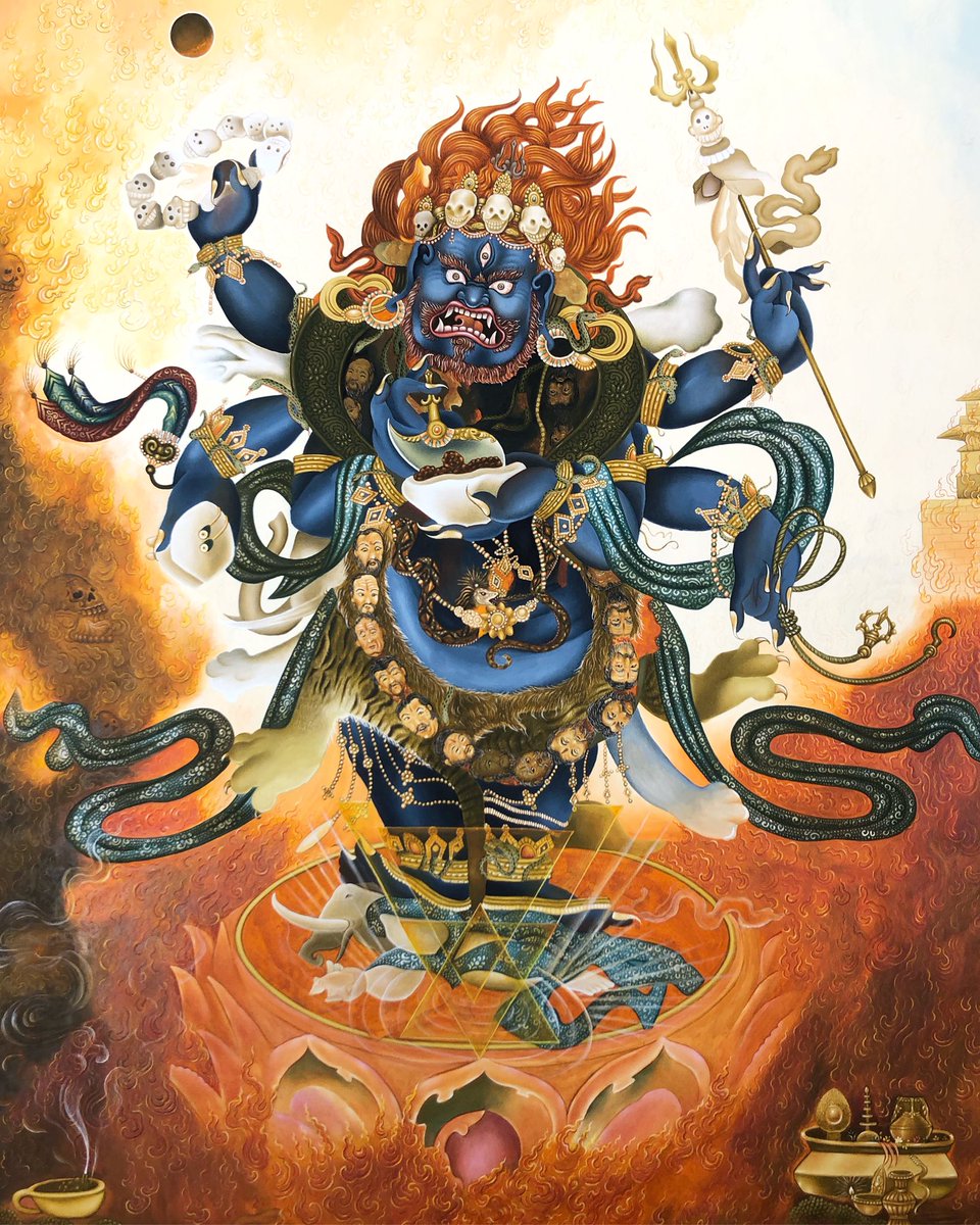 Six Arm Mahakala ( Dharma Protector).
Their function is to protect the Buddha’s teachings from being diluted or distorted.

.
.
.
.
.

#Himalayanart #thangka #thankapainting #wrathfuldeity #mahakala #meditation #enlightenment #dharma #lamathankapaintingschool #dharmaprotector