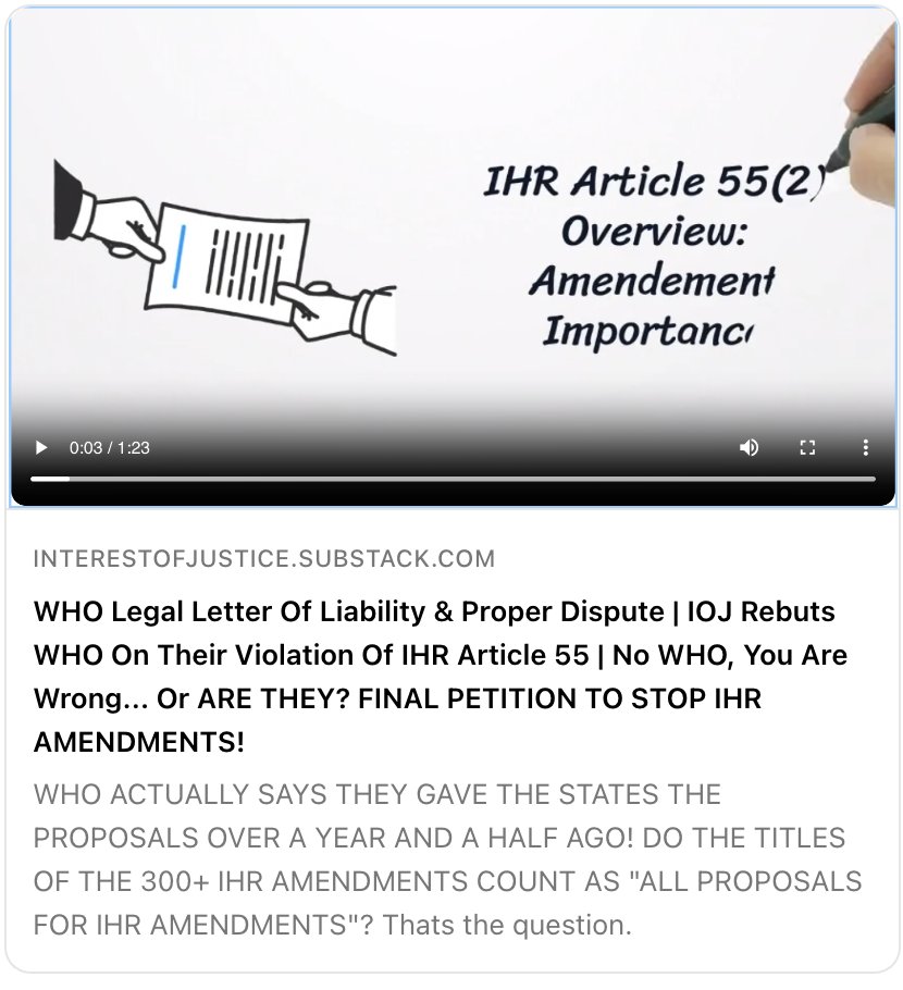 ⚖️💥 WHO Legal Letter Of Liability & Proper Dispute | IOJ Rebuts WHO On Their Violation Of IHR Article 55 | No WHO, You Are Wrong... Or ARE THEY? FINAL PETITION TO STOP IHR AMENDMENTS! #ExitTheWHO #SueTheWHO #StopGlobalCensorship #StopAgenda2030 interestofjustice.substack.com/p/who-legal-le… 👀 ❤️
