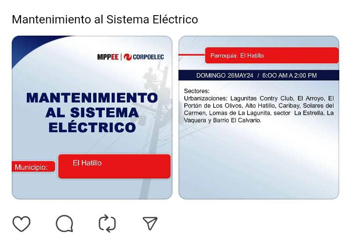 asoprub's tweet photo. Sectores deEl Hatillo donde @CorpoelecInfo suspende servicio de 6am a 2pm por mantenimiento del sistema eléctrico. @ElHatillo @PoliciaHatillo @PCivil_Ve @FMCENTER @ServiciosEH https://t.co/lqXQipOtCR