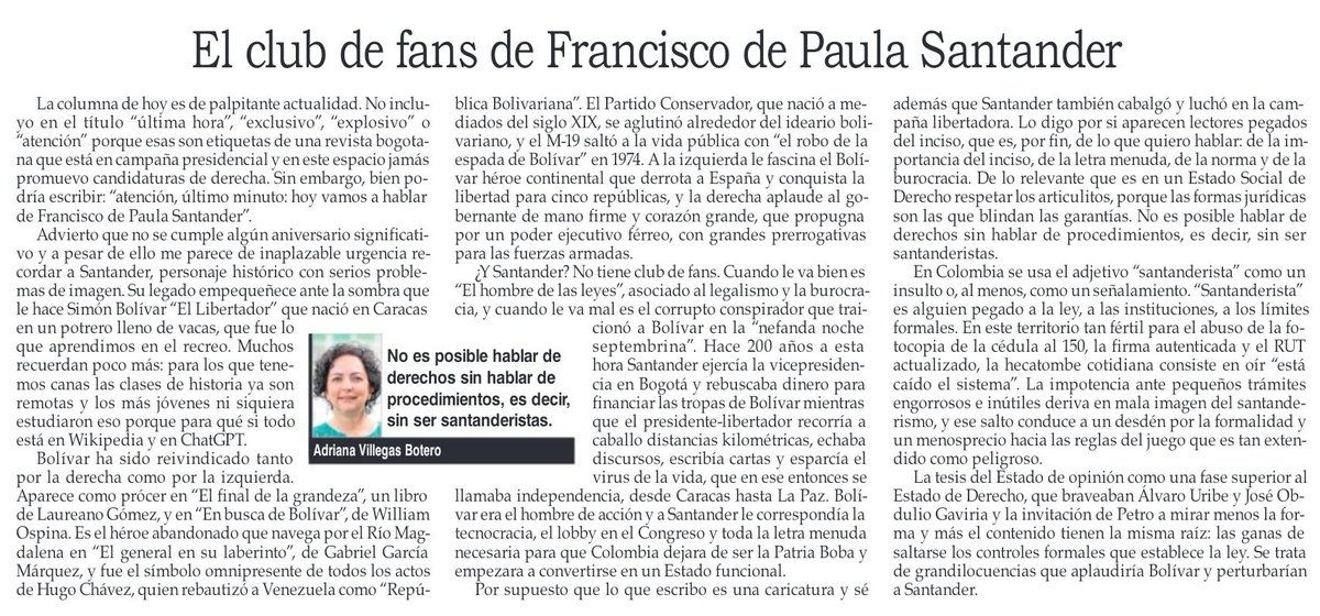 Adrivillegas's tweet photo. Mientras Bolívar esparcía el virus de la vida por 5 naciones Santander era la tecnocracia en Bogotá. Se usa "santanderista" como insulto, pero las leyes evitan la arbitrariedad. Bolívar es el héroe pero Santander merece club de fans.

Columna en La Patria: https://t.co/WiOgPRrPDC https://t.co/AqsPsDOBDK