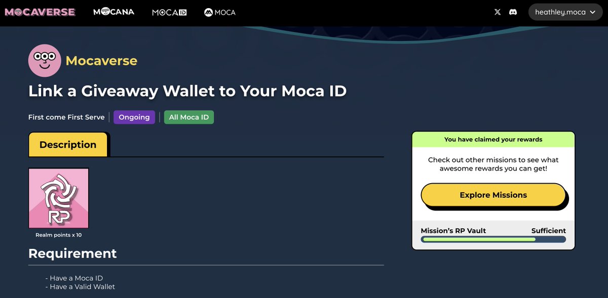 🪂 $MOCA FCFS 10 RP Claim

➖ Mocaverse sitesinden, 'Manage Linked Accounts' sayfasından Giveaway Wallet linklerseniz ya da zaten linklemişseniz aşağıdaki linkten 10 RP Claim edebilirsiniz. Herkes gözden kaçırmış ve FCFS bir görev.

mocaverse.xyz/mission/421072…

Bitmeden claim edin ✍️