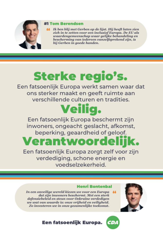 De Europese verkiezingen op 6 juni komen eraan! 🗳️🇪🇺

Voor:
💪 Sterke regio's met verschillende culturen en tradities
🛟 Veilig voor iedereen
🚧 Verantwoordelijk voor verdediging, energie en voedsel

Stem #CDA , lijst 3⃣, plek 6⃣
🔗 cda.nl/gerben-horst