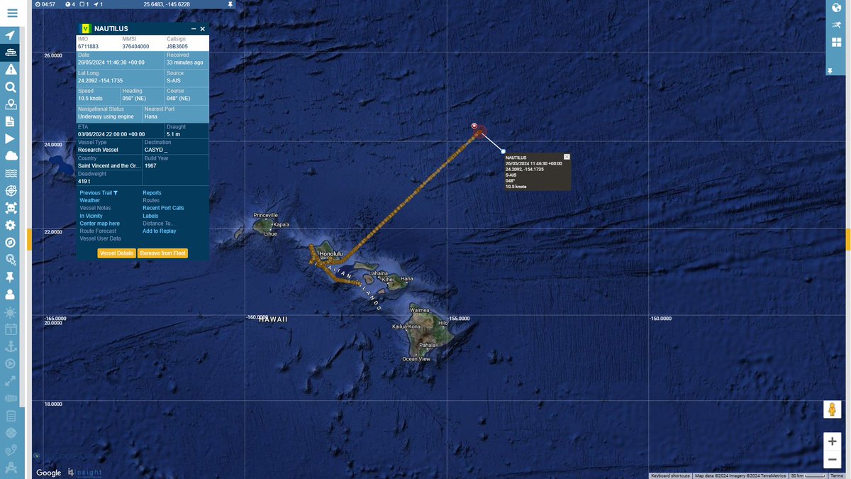 #EVNautilus Here is Nautilus's track as the vessel continues on its way to the northeast. #vesseltracking by @BigOceanData