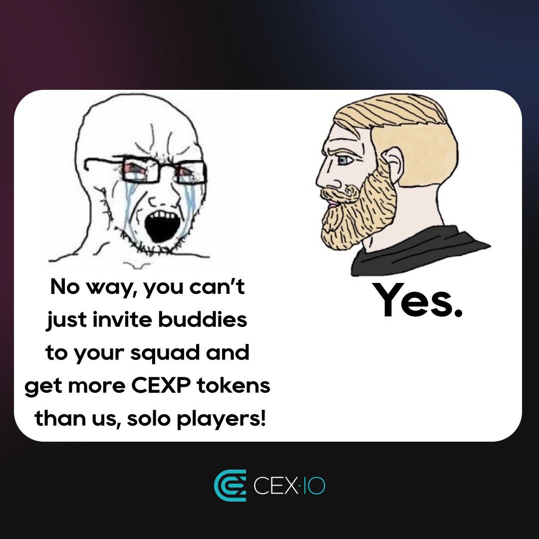 🎉 We've got 2,680 users with 100+ friends in their squads! Cheers to our active players! 🥂

🔥 Want to join their ranks? Invite your friends to CEX•IO Power Tap and become a squad leader too!

Start inviting and boost your CEXP tokens today! 💥 t.me/CEXIO_Announce…
