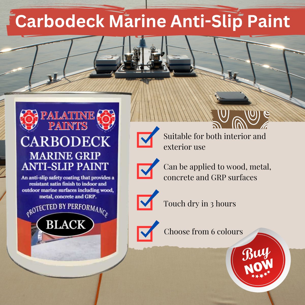 Carbodeck Marine Grip Anti-Slip Paint is a single pack coating designed for use in marine areas and on boat decks. It can be applied to prepared and primed wood, metal, concrete and GRP surfaces. 👉🛒 Buy yours today: palatinepaints.co.uk/product/carbod…